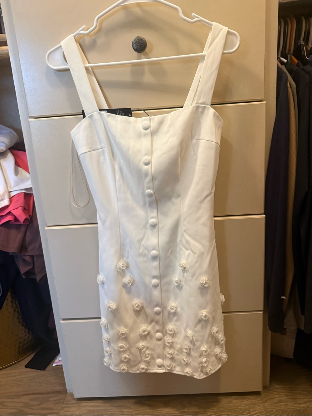 Fashion Nova White Floral Appliqué Button-Front Mini Dress